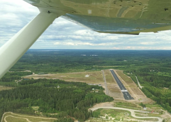 Runway view from an airplane